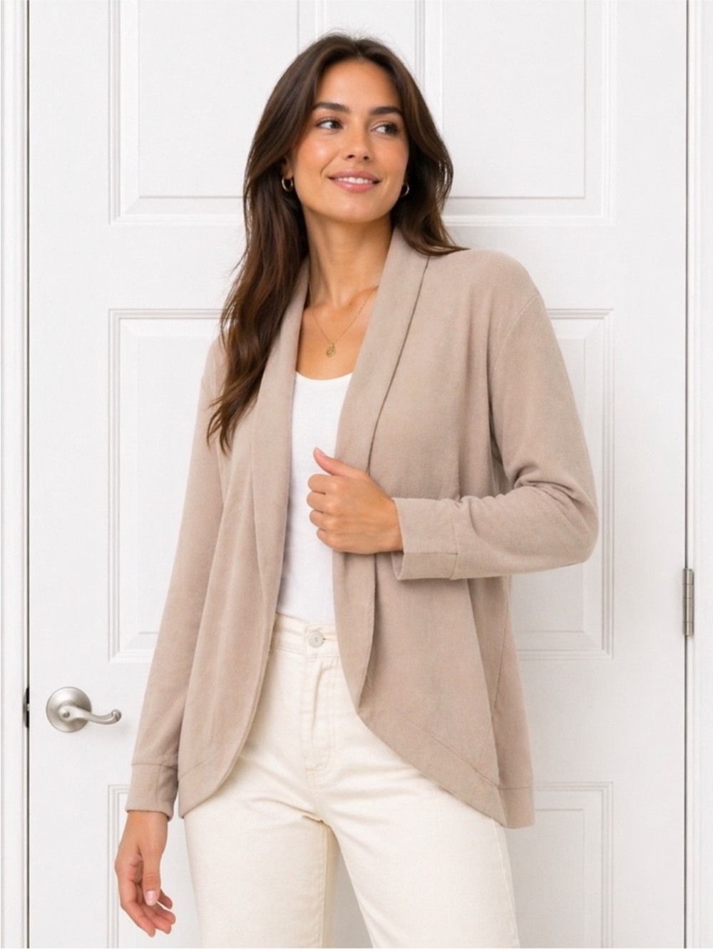 Doublju Beige Open-Front Lightweight Cardigan